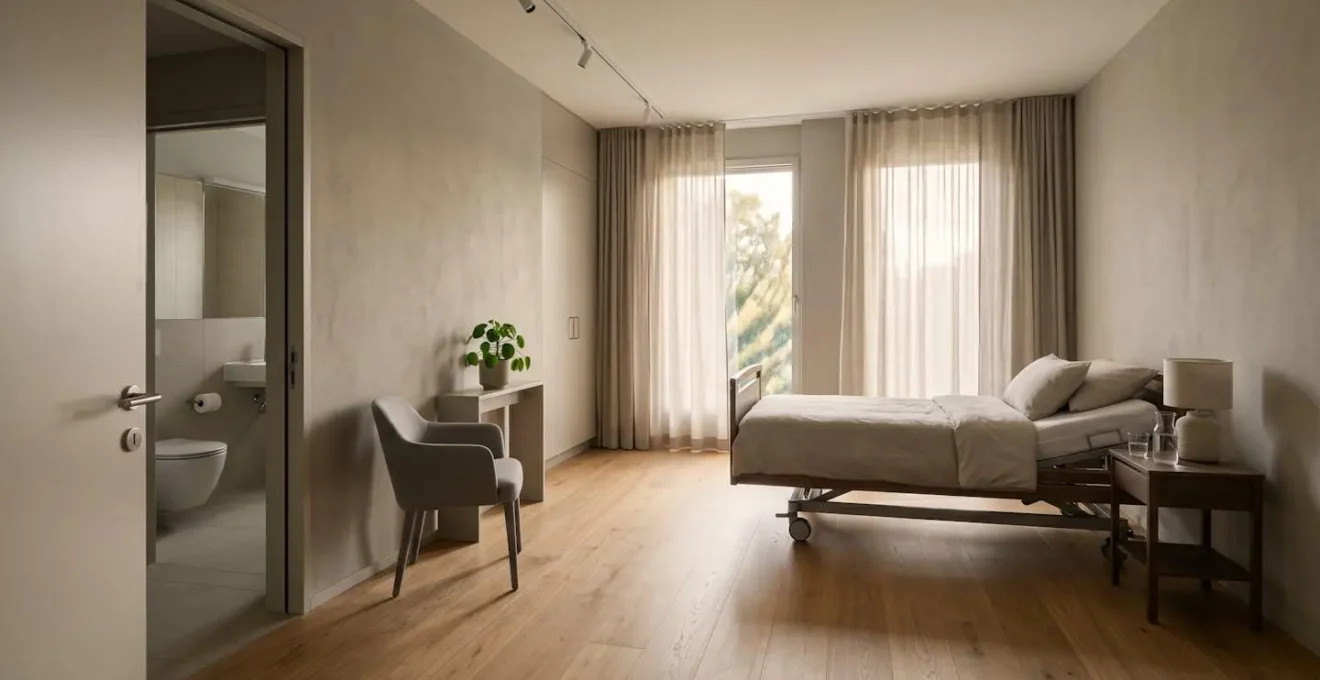 Wide shot of an empty single-occupancy private hospital room with natural light streaming through large windows creating a peaceful recovery environment