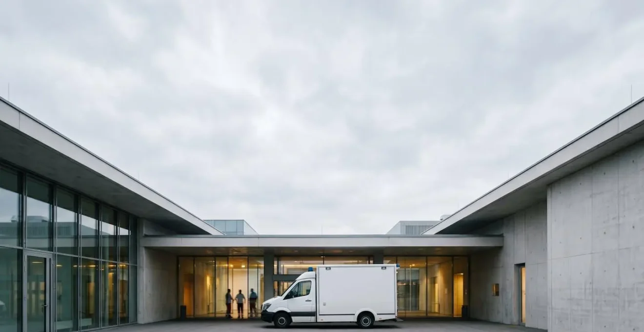 Environmental shot of European ambulance at hospital entrance representing state versus private healthcare facility dilemma