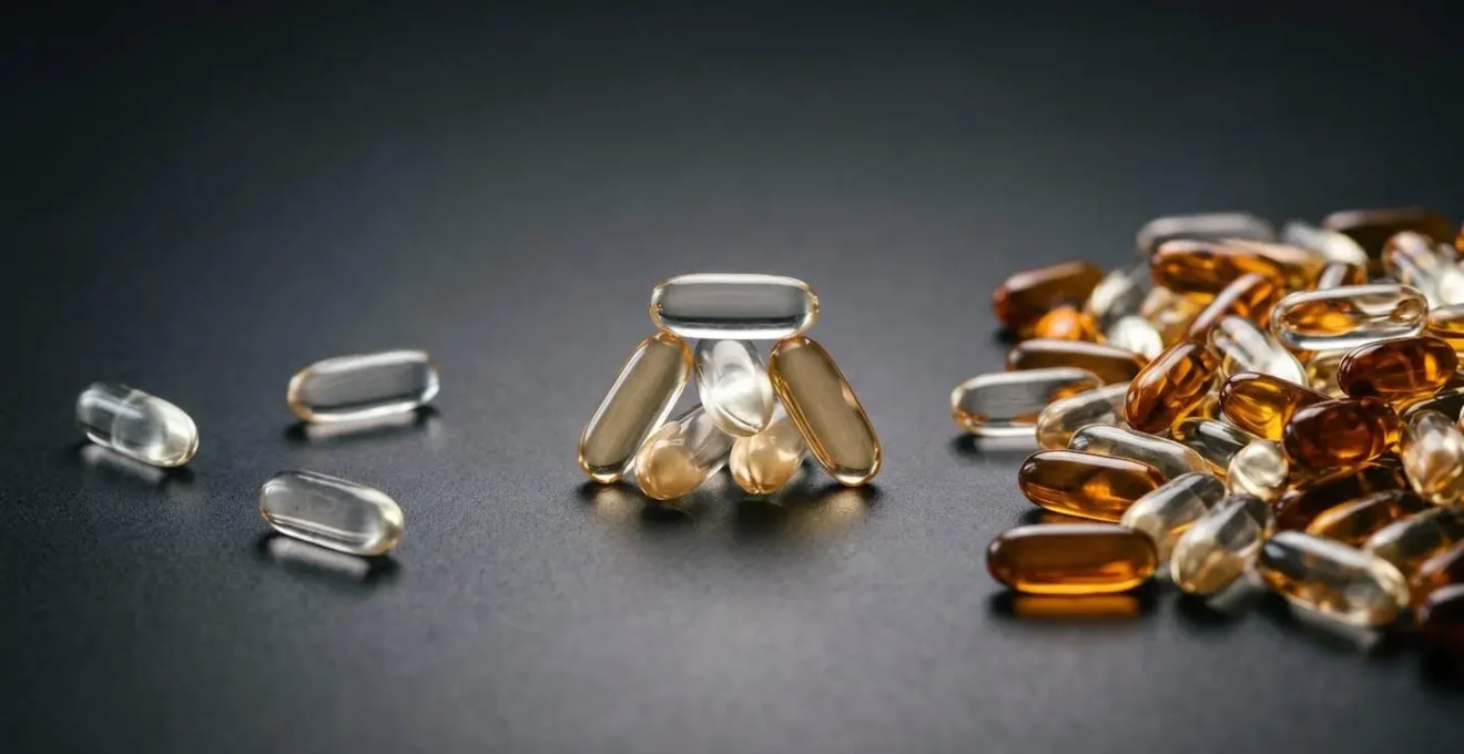 Symbolic photograph showing vitamin supplement capsules arranged in a balanced composition with dramatic lighting