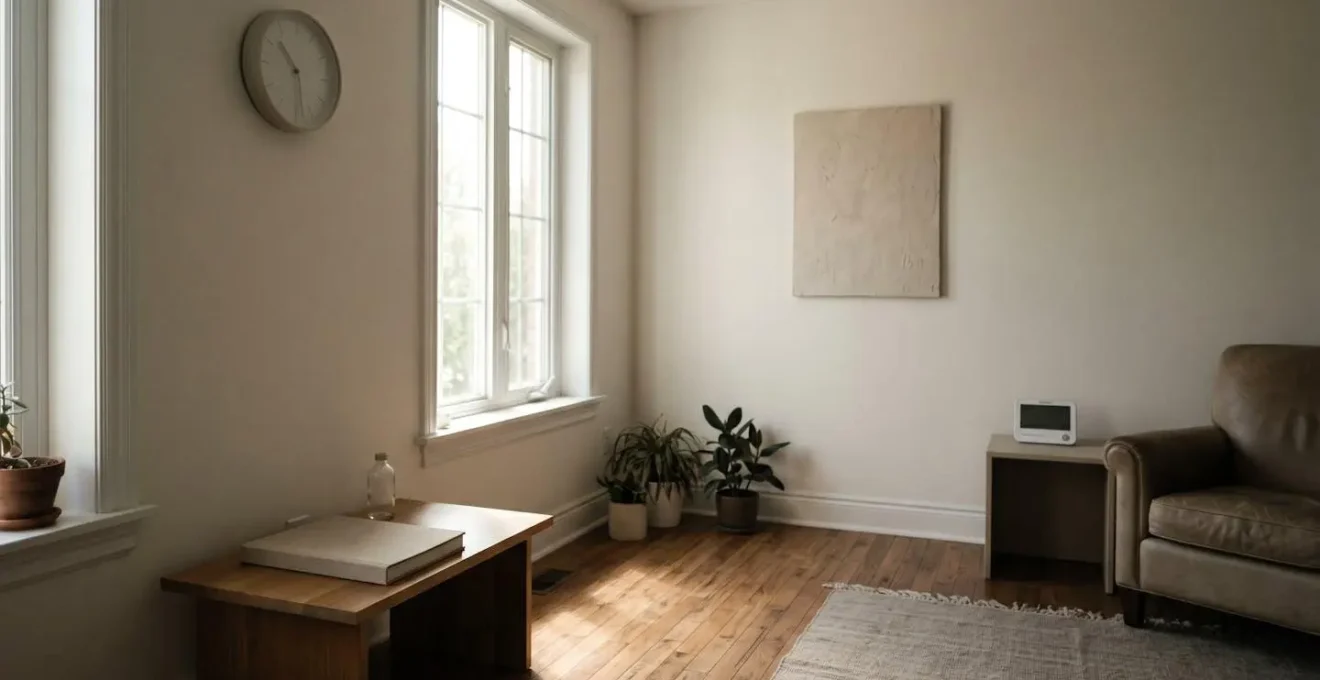 A quiet domestic scene showing the passage of time through changing window light, with a closed symptom journal on a table, symbolizing the importance of monitoring symptoms over hours.