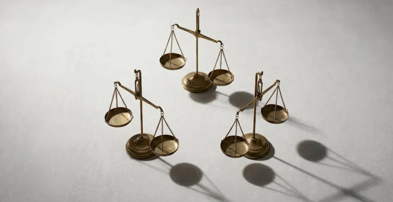 Three separate vintage brass accounting scales positioned symmetrically on a minimalist surface with dramatic shadows representing the independent billing structure