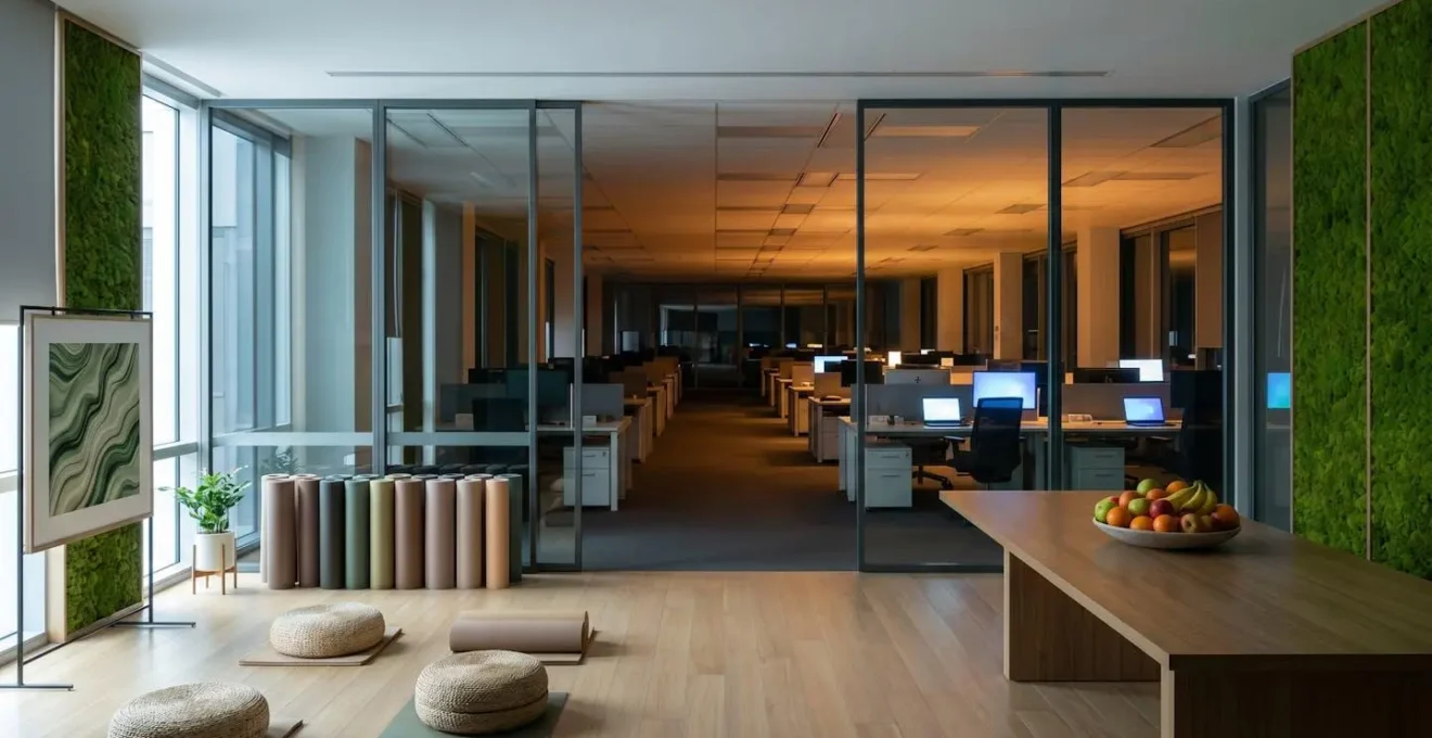 Environmental wide-angle photograph contrasting visible wellness amenities with underlying workplace structure