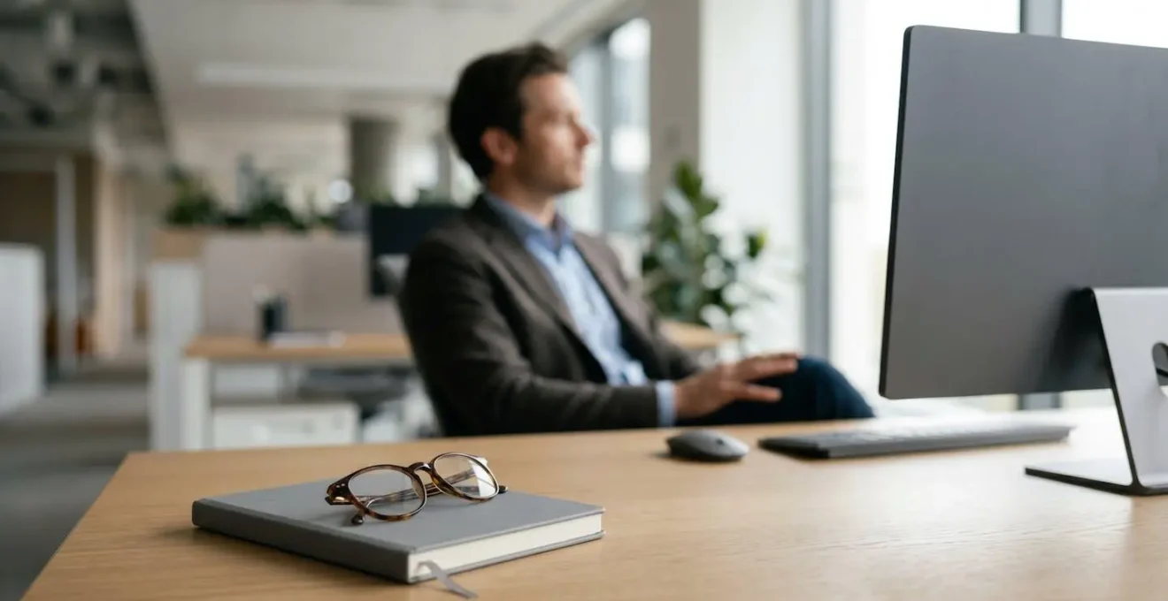 Professional office environment showing ergonomic workstation setup emphasizing importance of regular eye care for computer users
